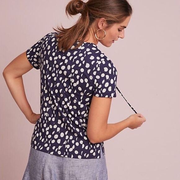 Maeve Anthropologie Clemente Cotton Top Women's Size XL Navy Blue Dots - Picture 3 of 11